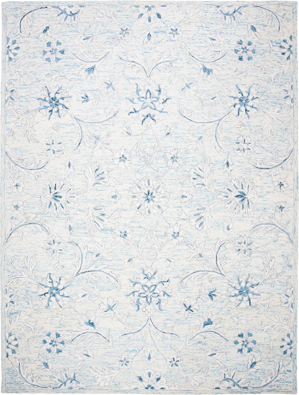 SAFAVIEH Micro-Loop Carl Floral Overdyed Wool Area Rug, Light Blue/Ivory, 9' x 12'