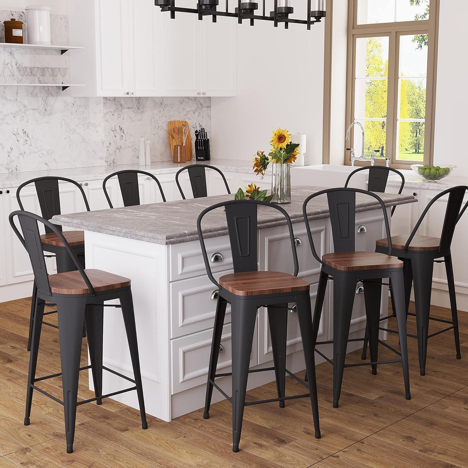 Set of 4 Black Metal and Wood Counter Height Bar Stools