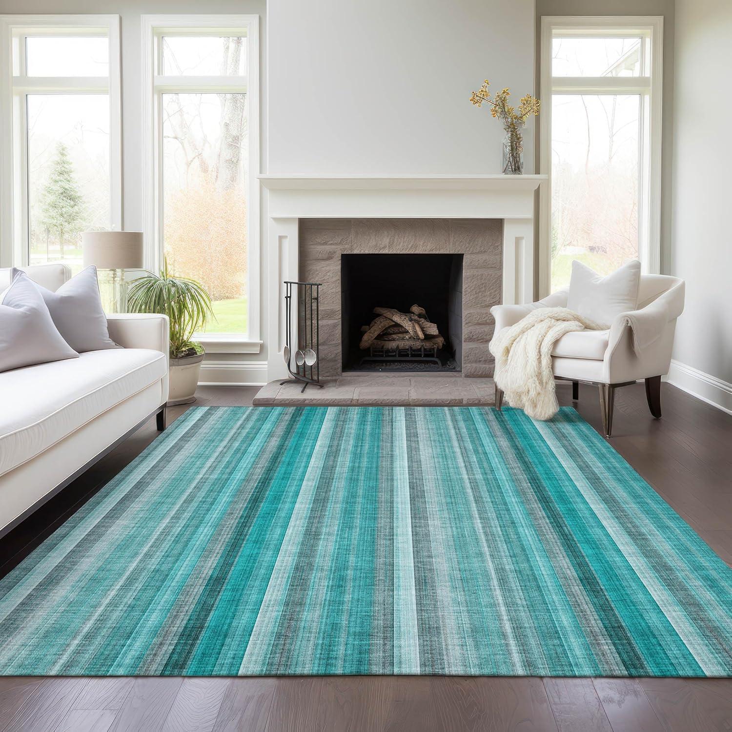 Teal and Gray Striped Synthetic Washable 3' x 5' Rug