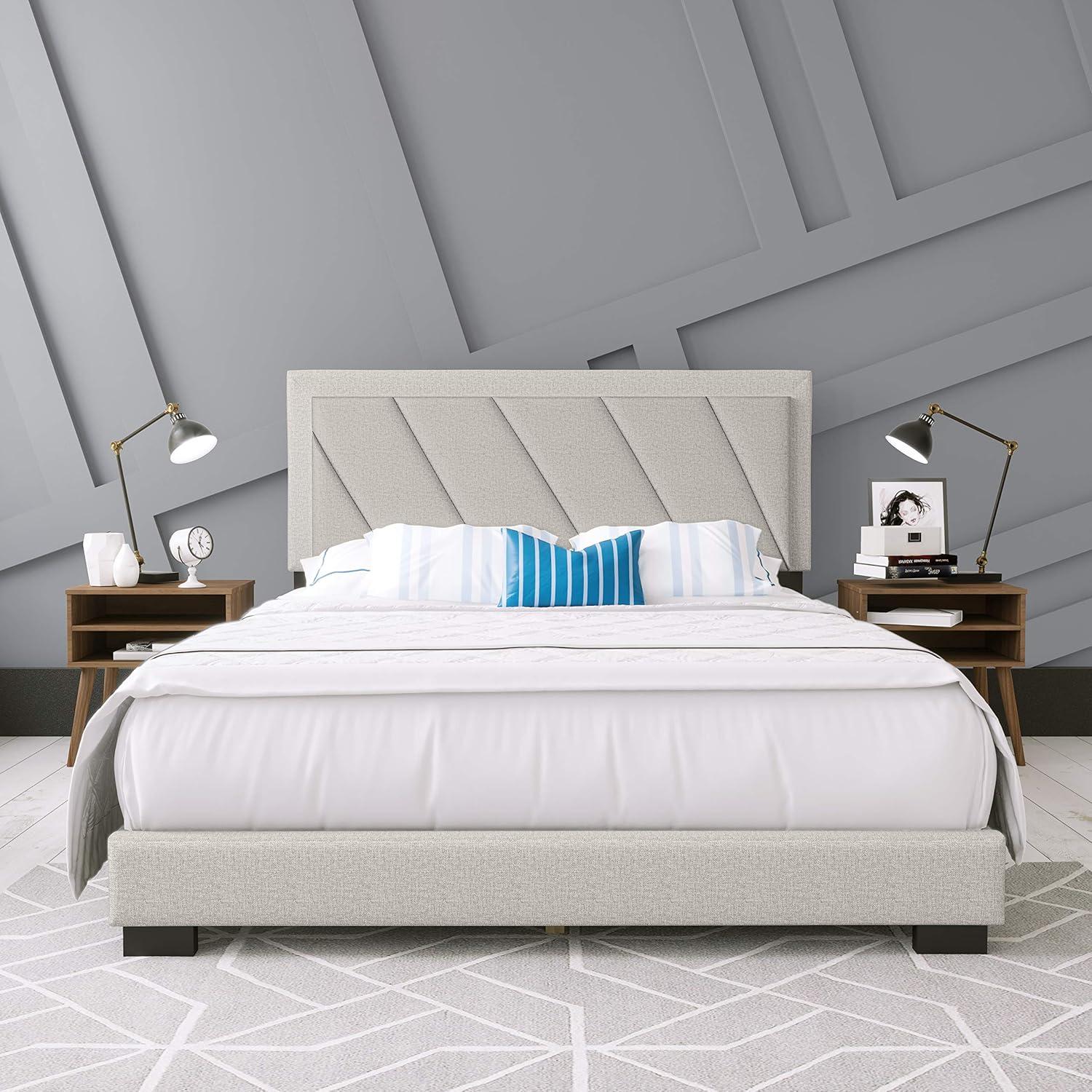 Diagonal Blue-Gray Linen Queen Platform Bed with Tufted Headboard