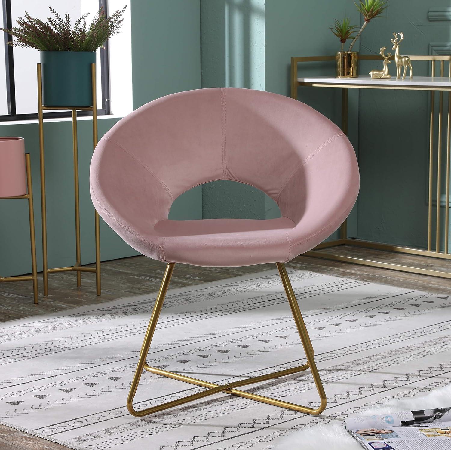 DeeHome Slatina Pink Silky Velvet Upholstered Accent Chair with Gold Tone Finished Base