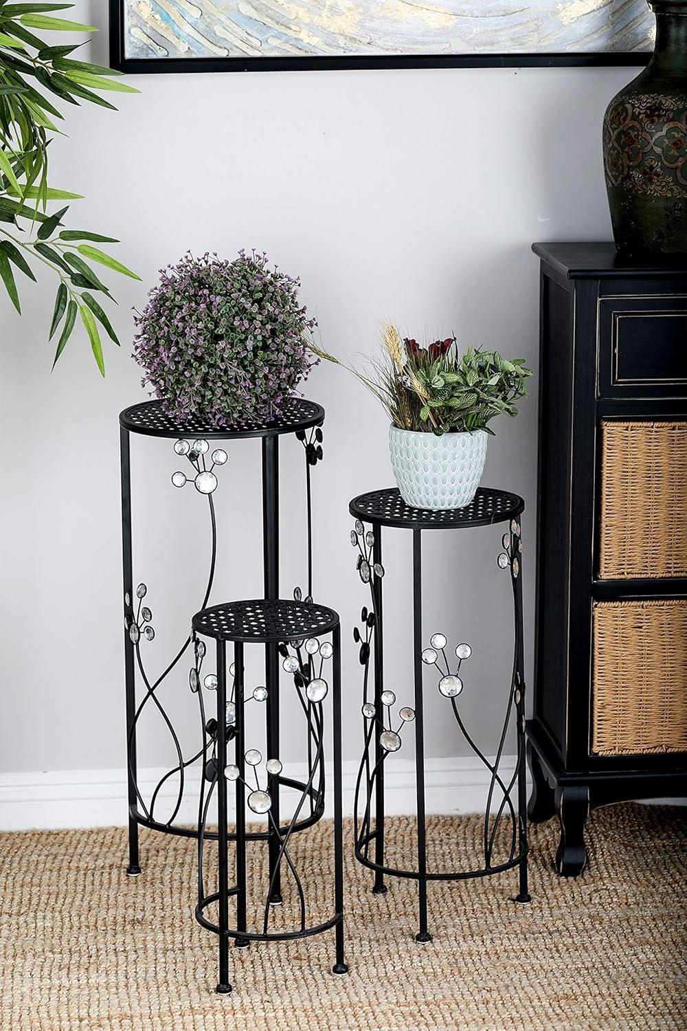 Set of 3 Black Iron Plant Stands with Floral Accents