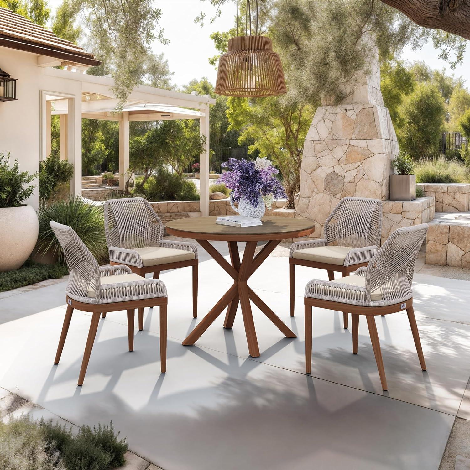 PURPLE LEAF 7 Pieces Patio Dining Set Aluminum Rectangular Table and Wicker Chairs with Cushions for Kitchen Porch Garden Modern Outdoor Furniture Sets, Beige and Dark Grey