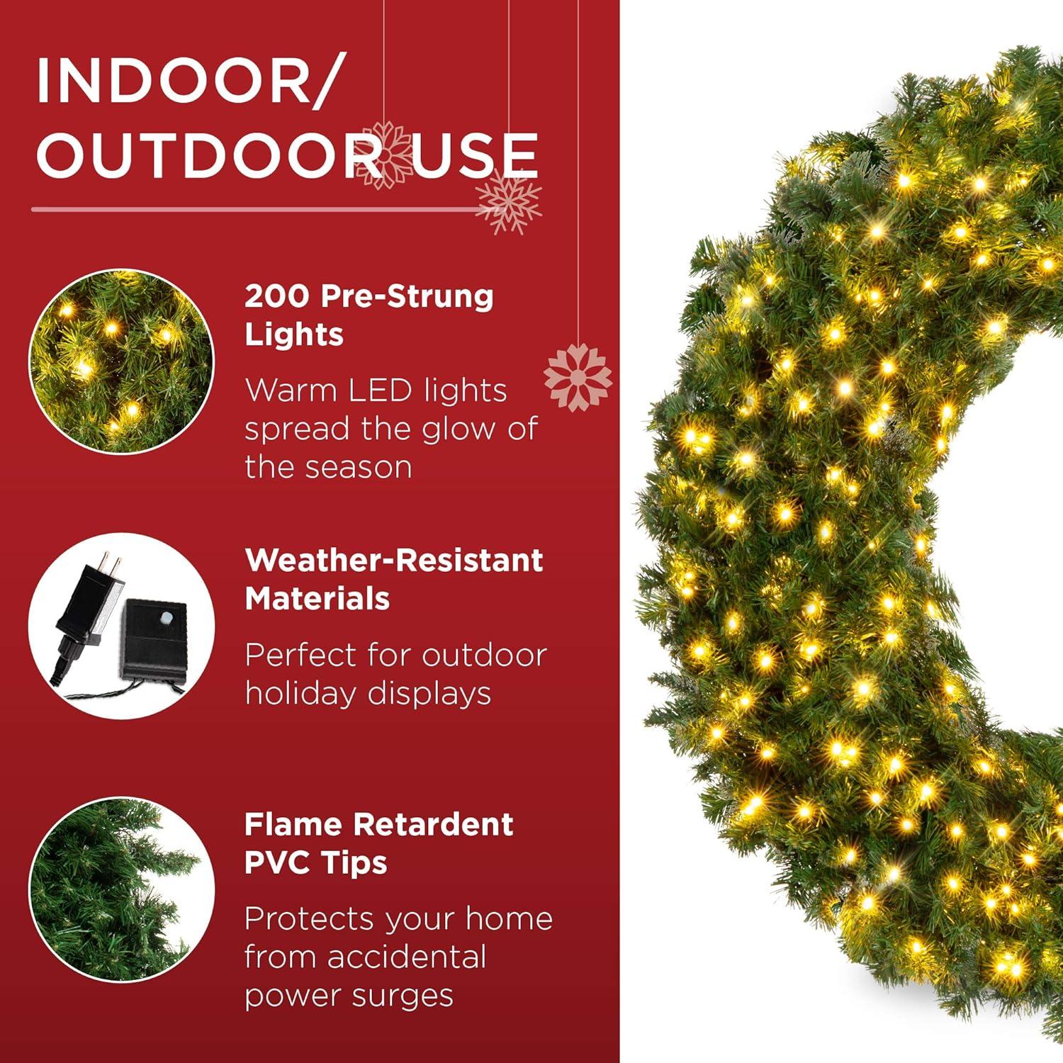 Best Choice Products Artificial Pre-Lit Fir Christmas Wreath Decoration w/ LED Lights, Power Plug-In