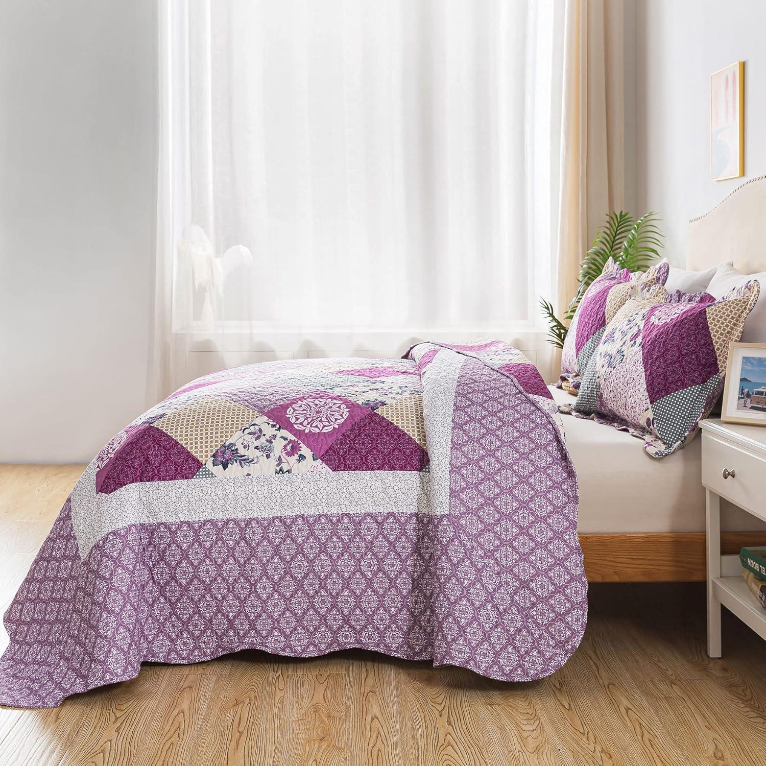 King Size Purple and Beige Microfiber Reversible Quilt Set