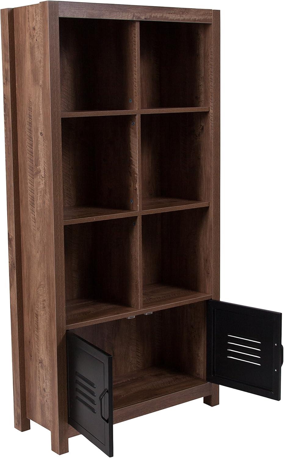 Black Metal and Oak 6-Cubby Storage Bookcase with Doors