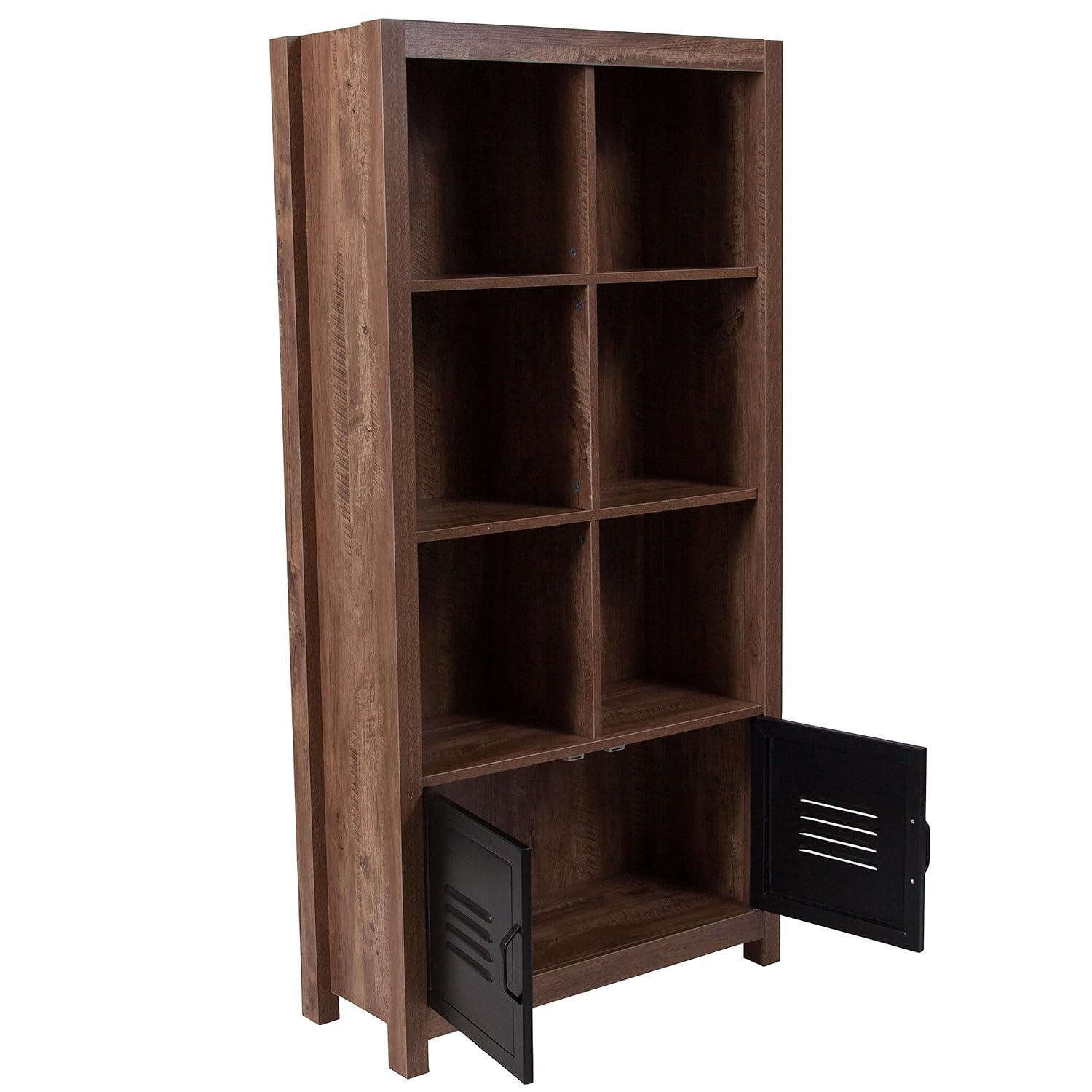 Black Metal and Oak 6-Cubby Storage Bookcase with Doors