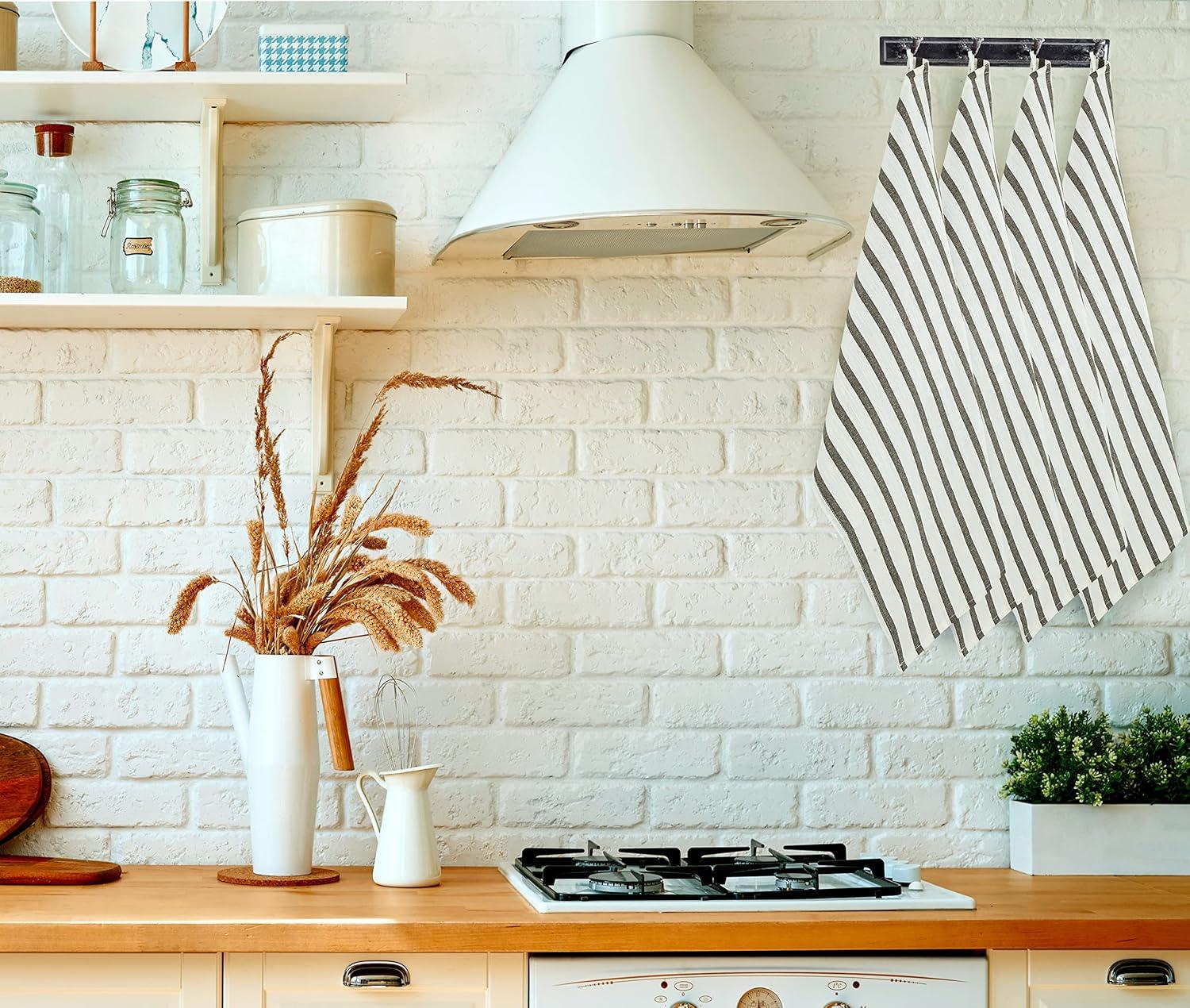 Royale Kitchen Towel 4 Pack - 100% Cotton Kitchen Dish Towel - Tea Towels - Reusable Cleaning Cloths - Highly Absorbent Bar Towel - Large Dish Towels - Wiping Cloth - (15X25 Inch, Black Stripe)