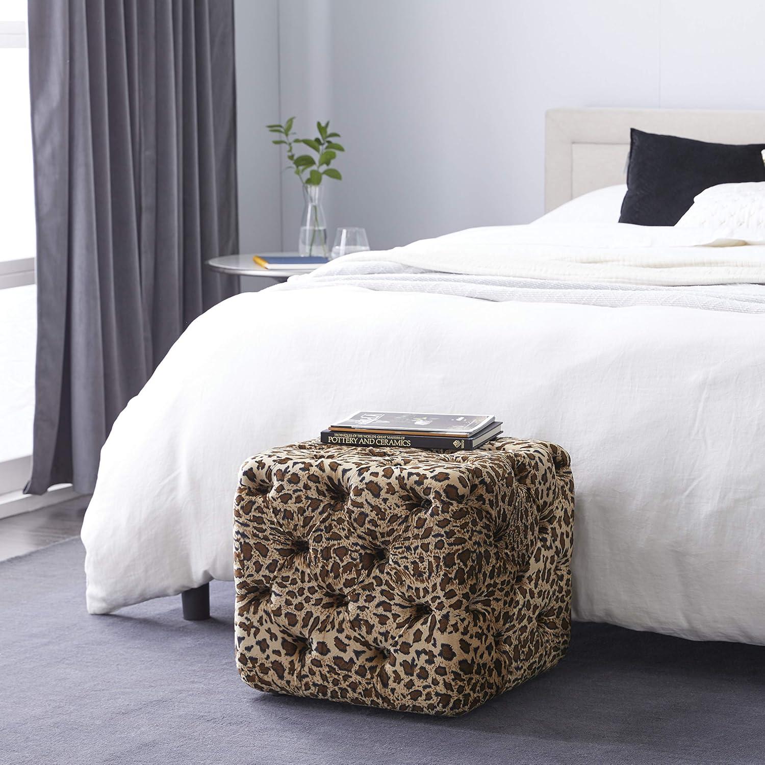 Chic Leopard Print Tufted Footstool in Brown Cotton 18"x19"