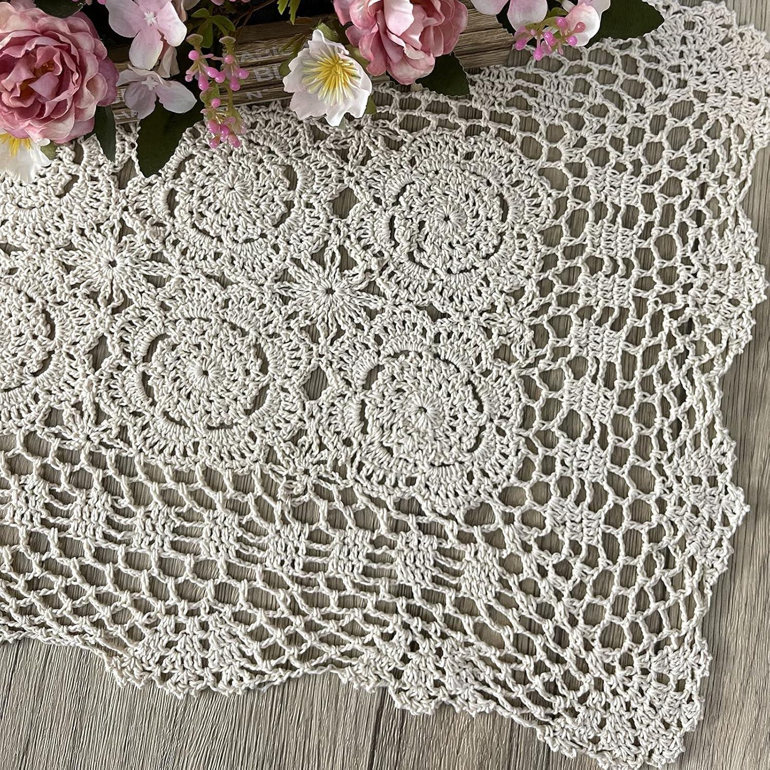 Phantomon Lace Table Runner Rectangular Table Cover Cloth Handmade Crochet Floral Placemats 100% Cotton (Floral Beige, 15x28Inch)