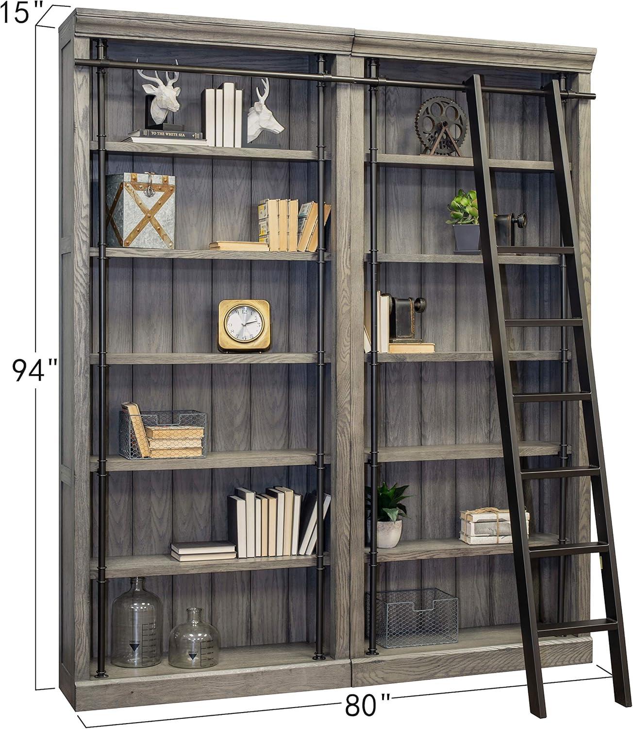 Traditional 8' Tall Wood Bookcase Wall With Ladder Aged Office Bookcases Gray