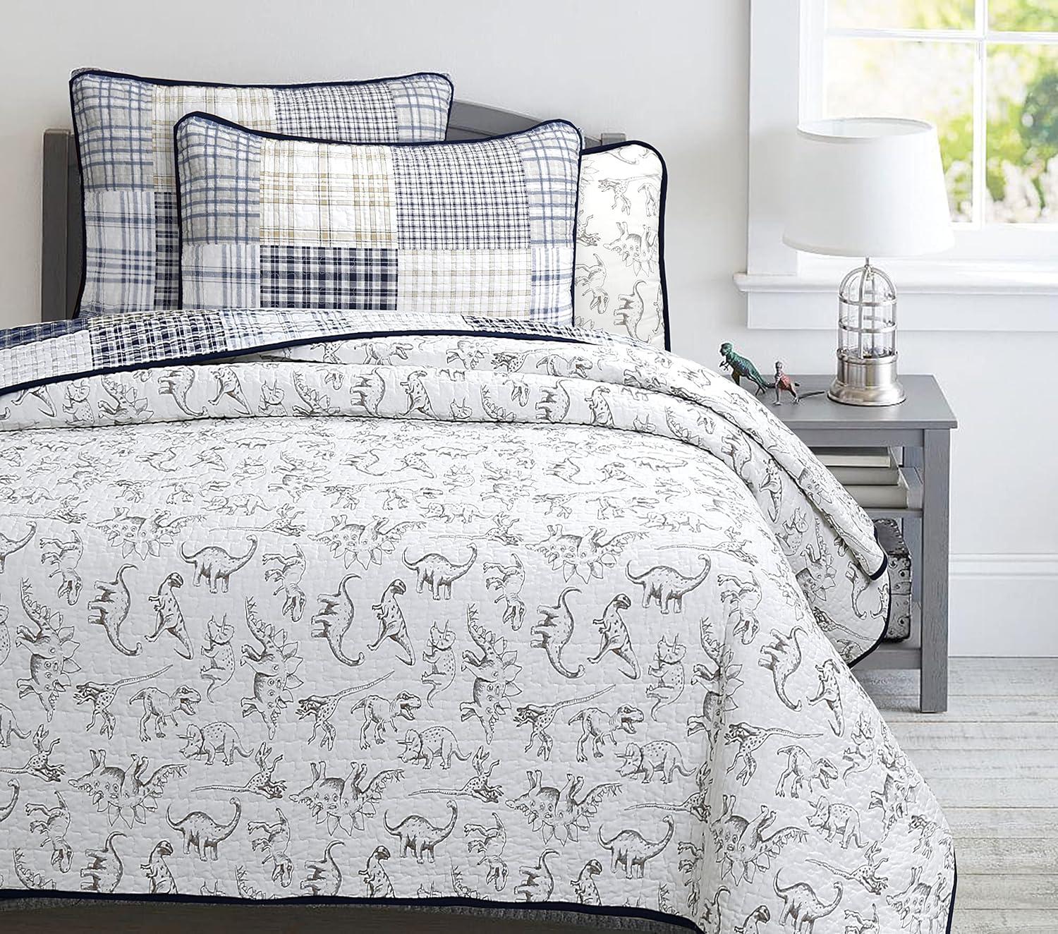 Cozy Line Home Fashions Benjamin Cute Dinosaur Plaid Printed Pattern 100% Cotton Quilt Bedding Set, Reversible Coverlet,Bedspread for Kids Boy (Dinosaur,Queen - 3 Piece)