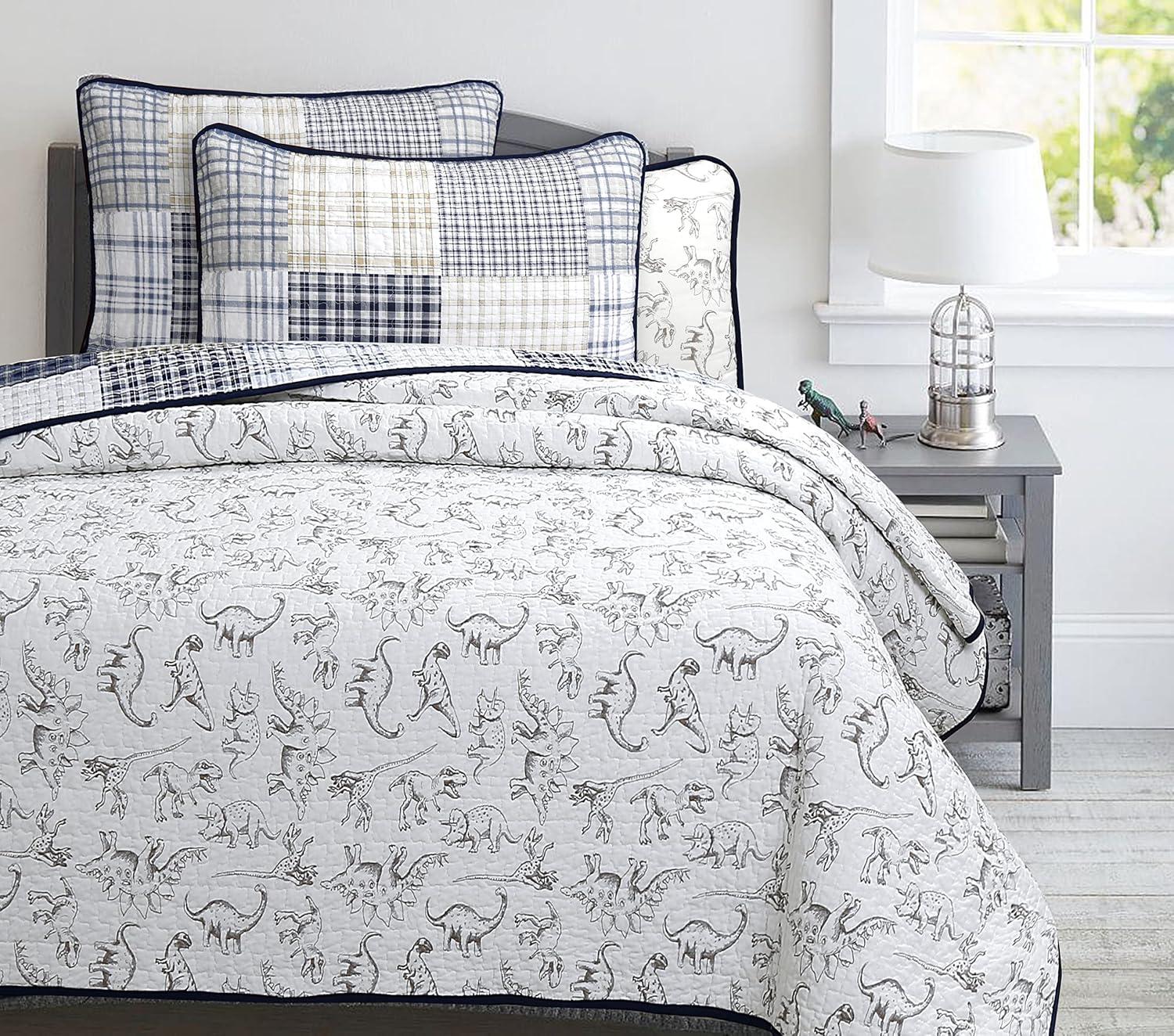 Cozy Line Home Fashions Benjamin Cute Dinosaur Plaid Printed Pattern 100% Cotton Quilt Bedding Set, Reversible Coverlet,Bedspread for Kids Boy (Dinosaur,Queen - 3 Piece)