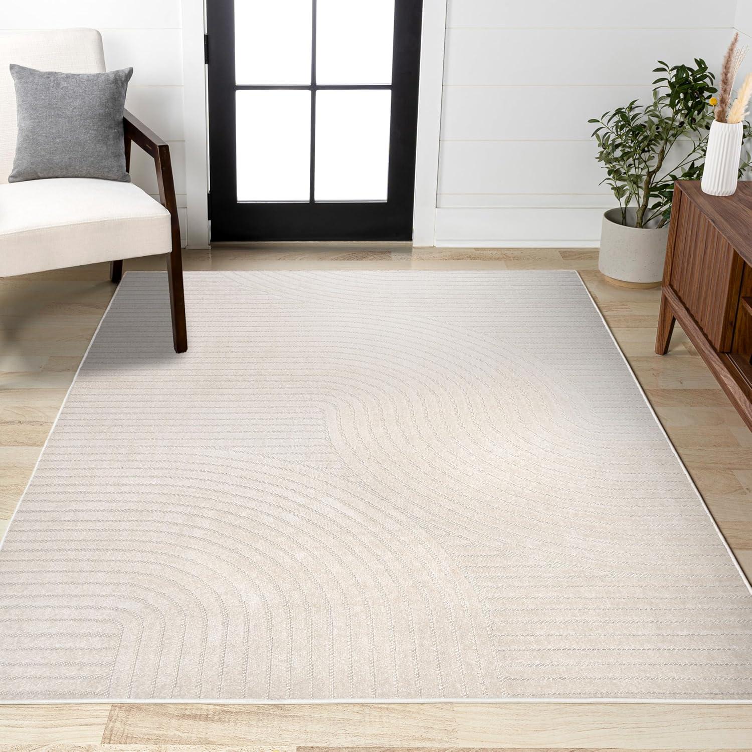 JONATHAN Y Skagen High-Low Minimalist Curve Geometric Ivory/Cream 3 ft. x 5 ft. Indoor/Outdoor Area Rug