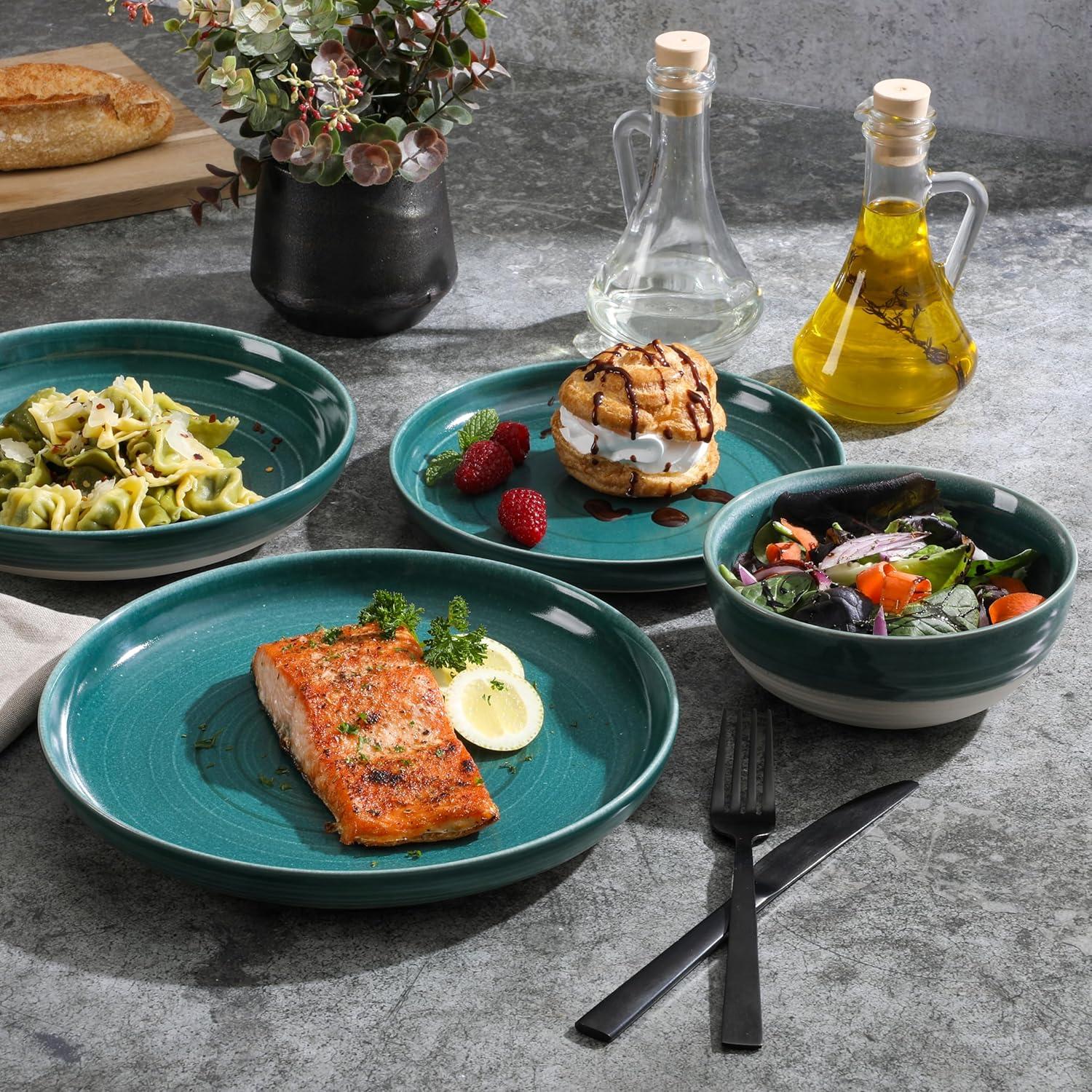 Teal Ceramic 16-Piece Round Dinnerware Set for 4