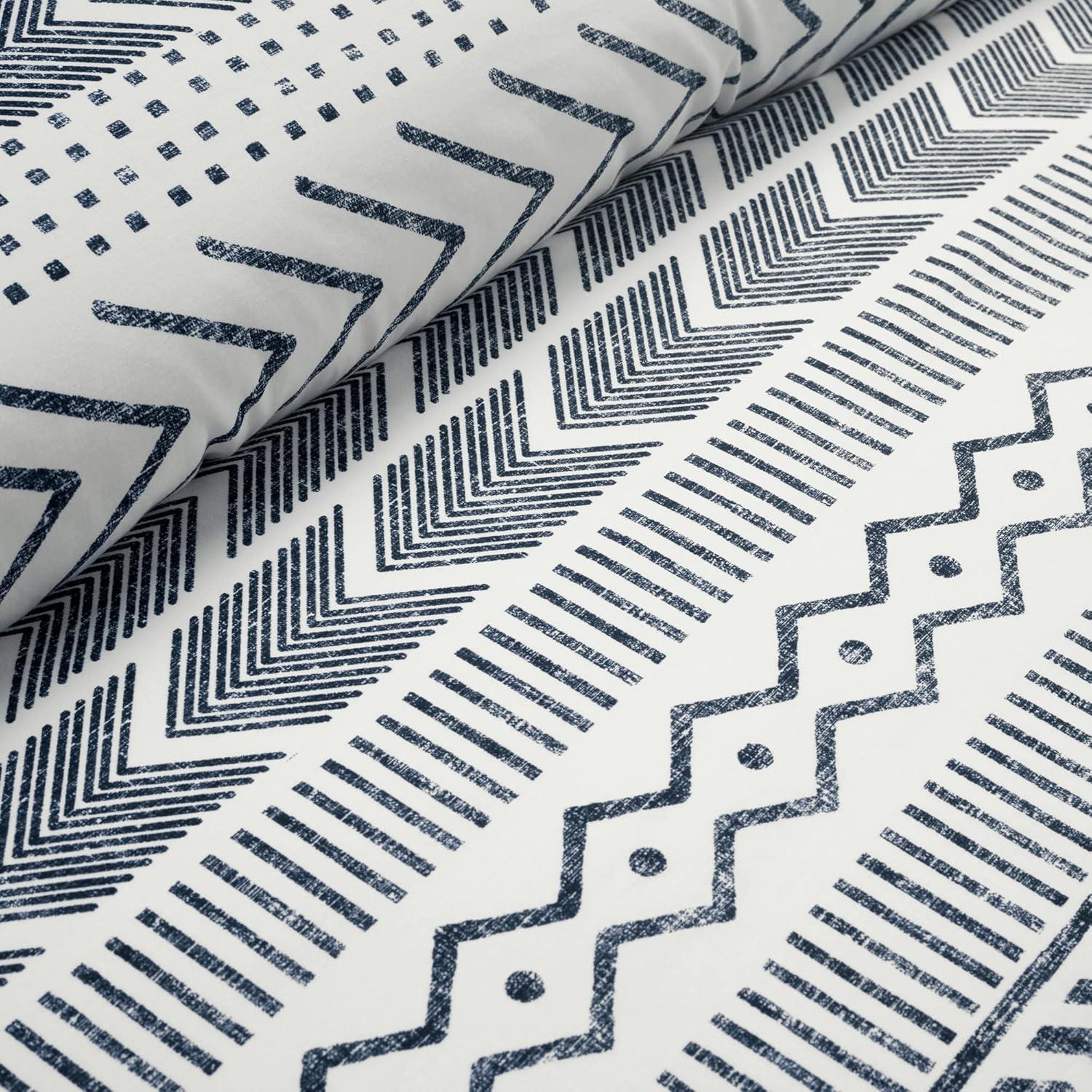 3pc King Hygge Geo Duvet & Sham Set Navy/White - Lush Décor: Cotton, Reversible, Inner Ties, 460 Thread Count