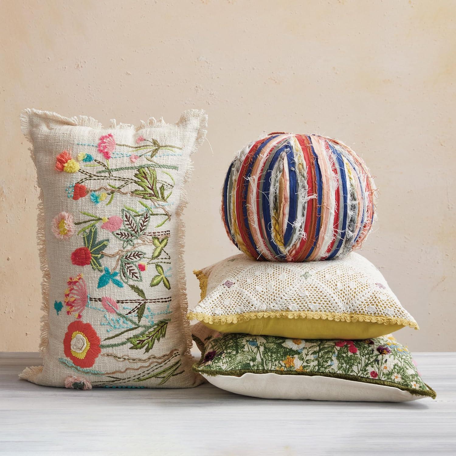 Multicolor Cotton Slub Embroidered Square Pillow