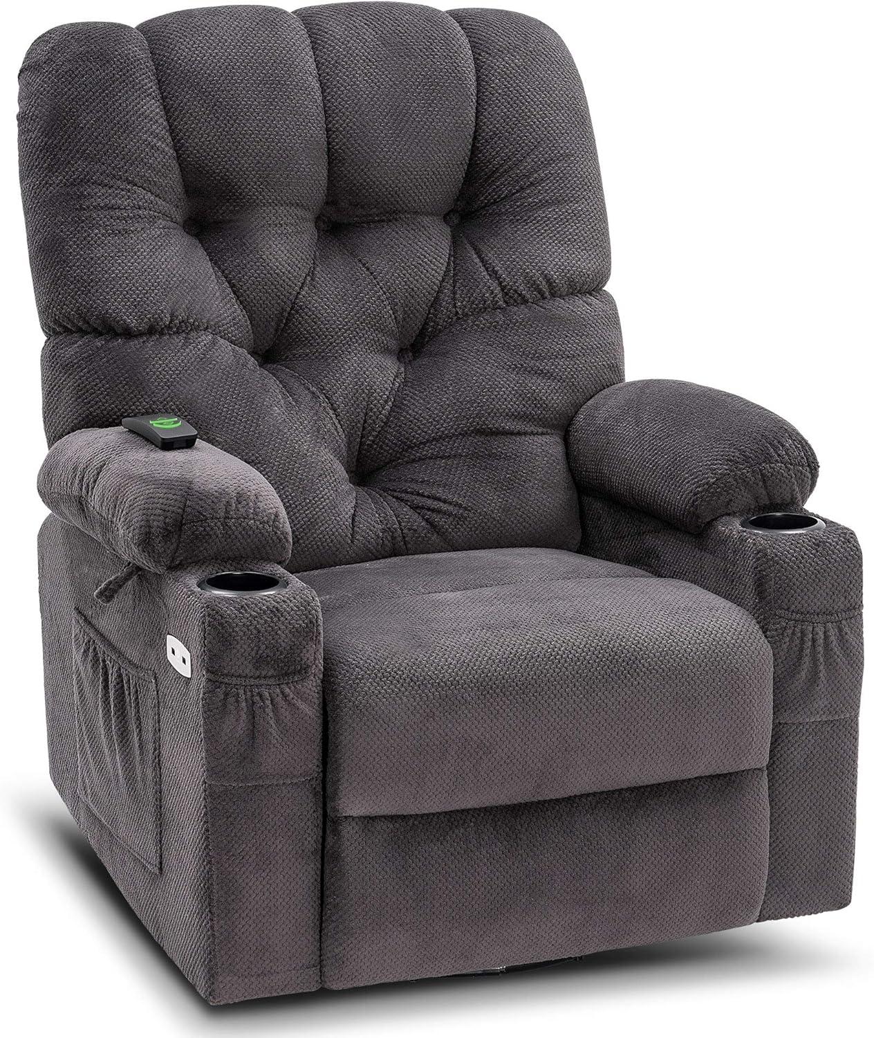 MCombo Electric Power Swivel Glider Rocker Recliner Chair with Cup Holders for Nursery, Hand Remote Control, USB Ports, 2 Side & Front Pockets, Plush Fabric 7797 (No Lift Chair) (Grey)