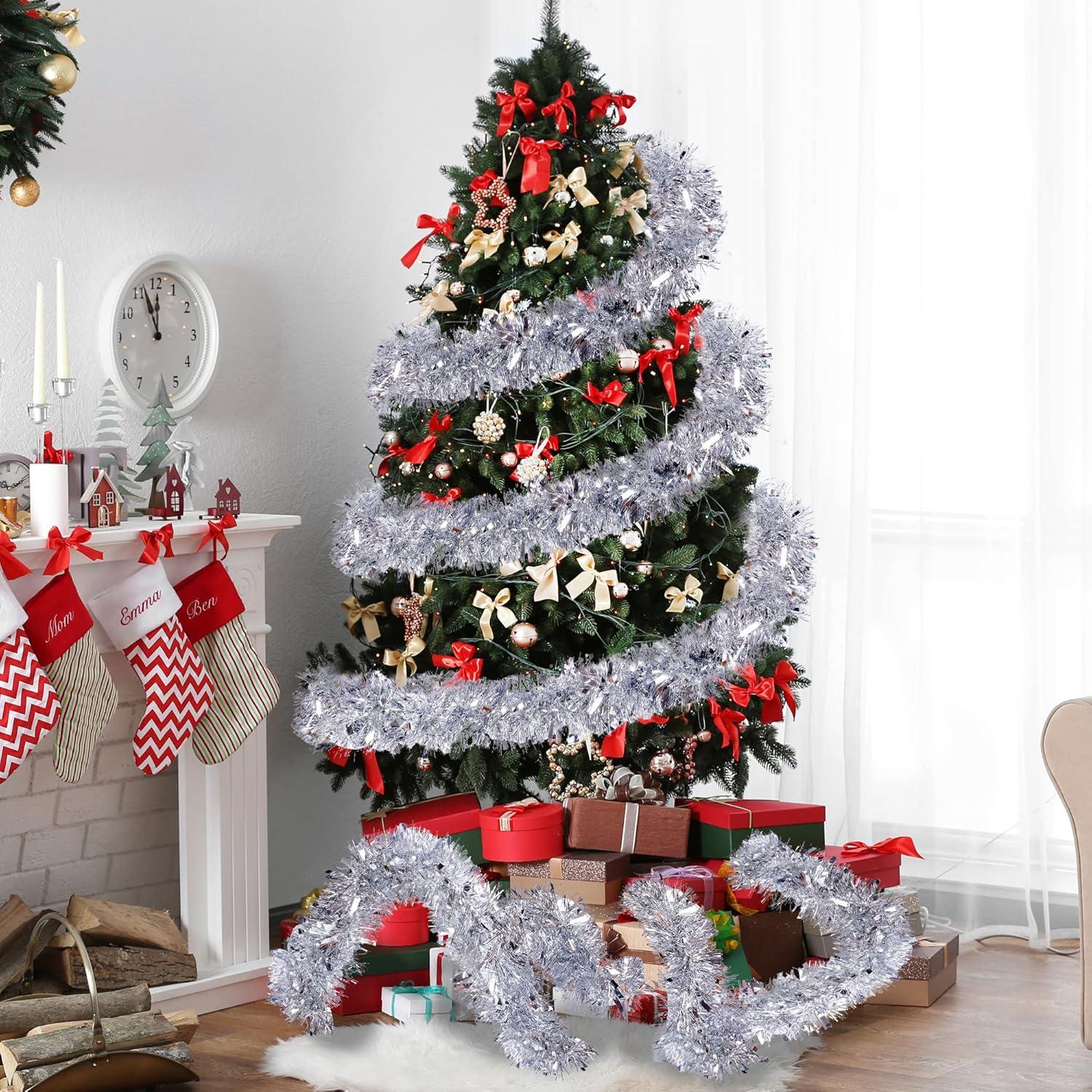 49.2Ft Christmas Silver Tinsel Garland Xmas Tree Decorations Christmas Metallic Twist Garland Ceiling Hanging Decorations for New Year Party Birthday Holiday Indoor Outdoor Supplies Silver