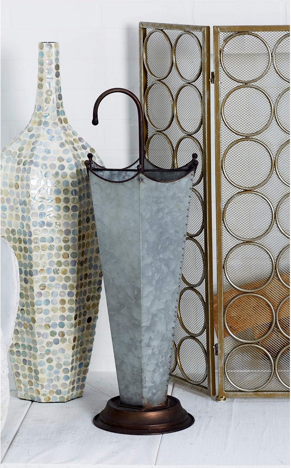 DecMode Gray Metal Galvanized Umbrella Stand with Copper Base and Handle