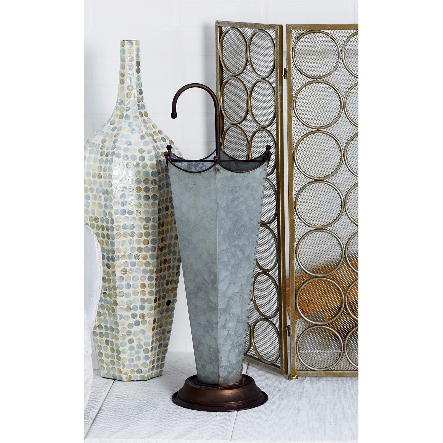 DecMode Gray Metal Galvanized Umbrella Stand with Copper Base and Handle