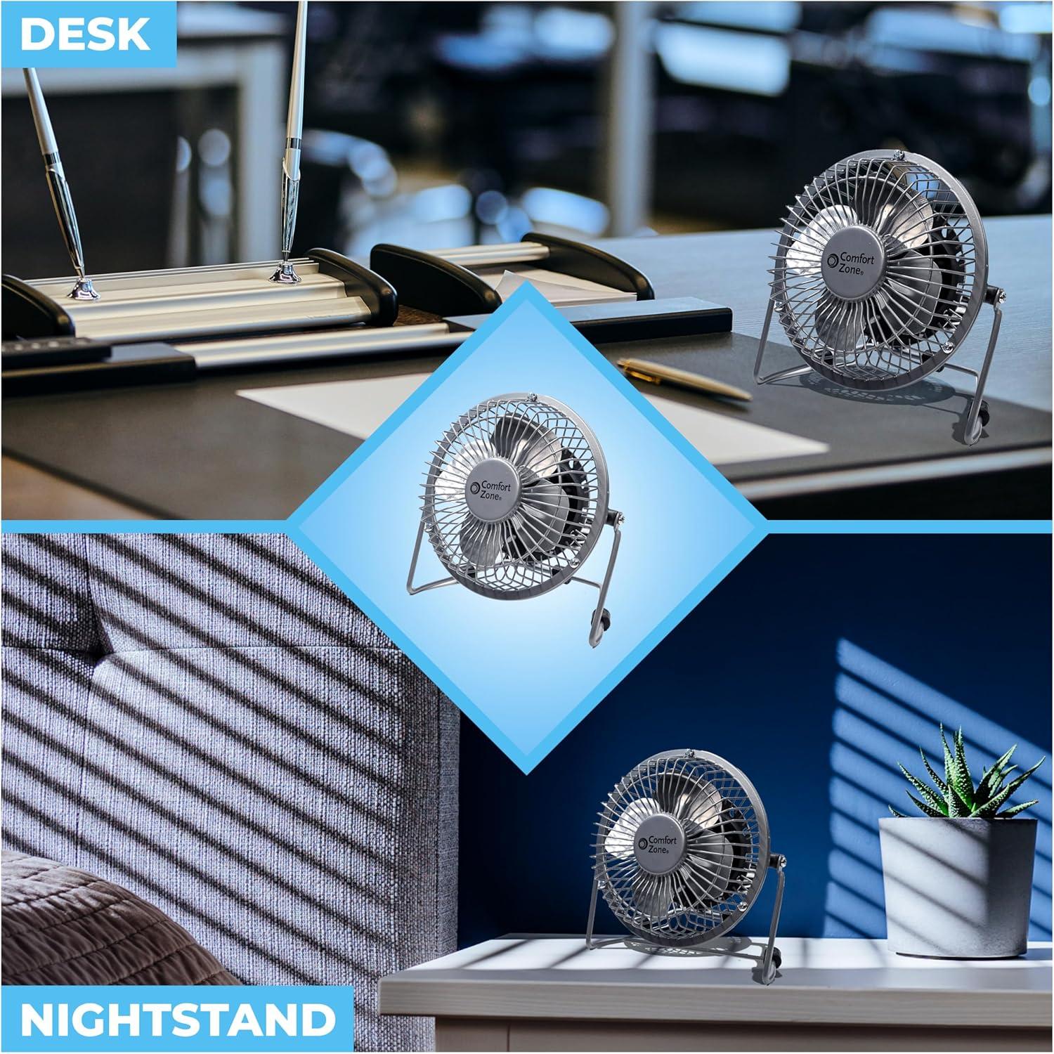 Comfort Zone 4" Mini Portable Desk Fan with 360-Degree Adjustable Tilt, Dual Powered (USB or Power Cord), All-Metal Construction, Airflow 3.31 ft/sec, Ideal for Home, Bedroom & Office, CZHV4S