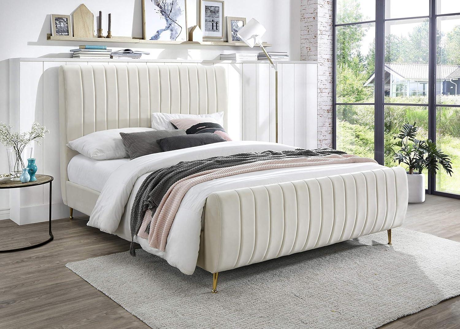 Meridian Furniture Zara Contemporary Cream Velvet Queen Bed