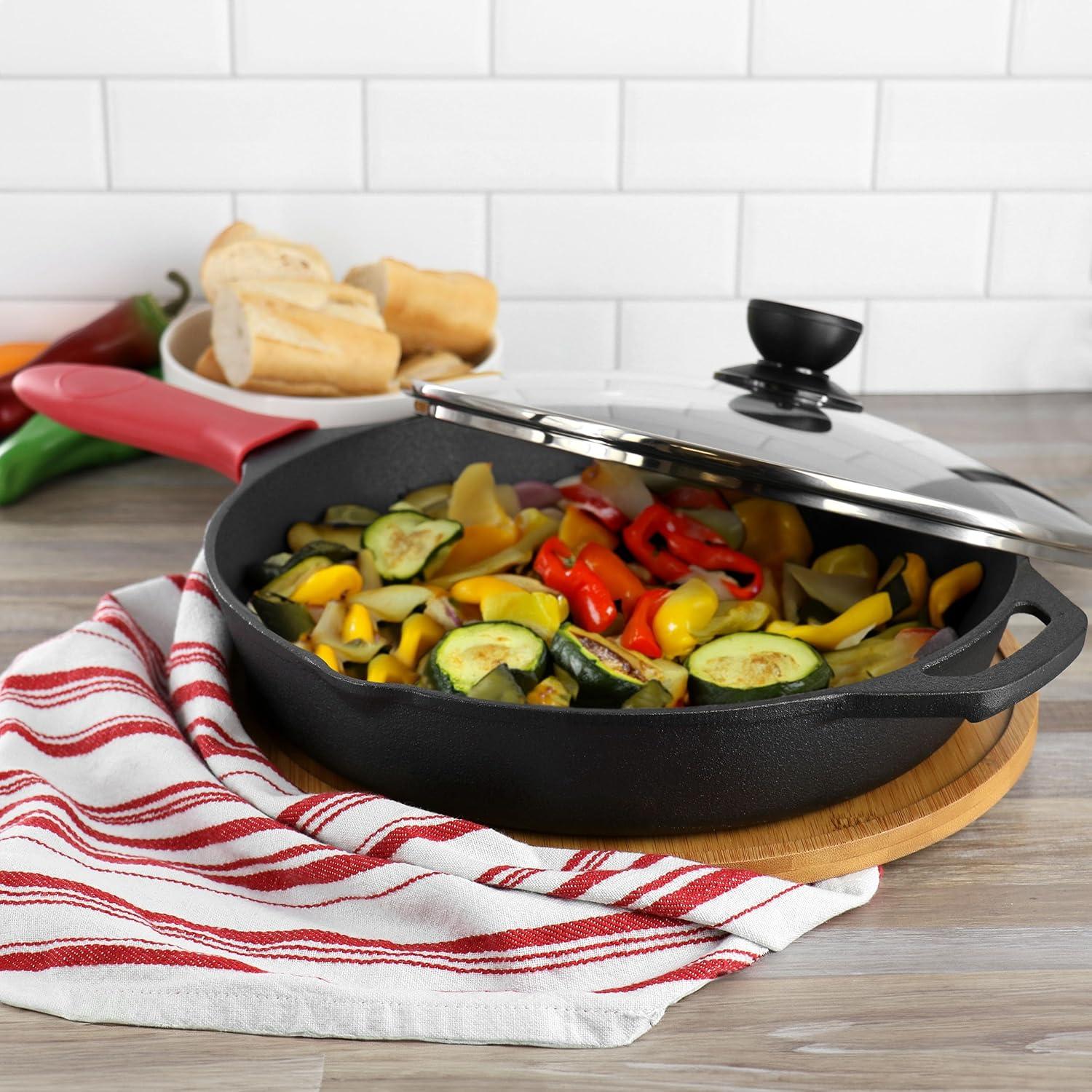 MegaChef 12 Inch Pre-Seasoned Cast Iron Skillet with Tempered Glass Lid