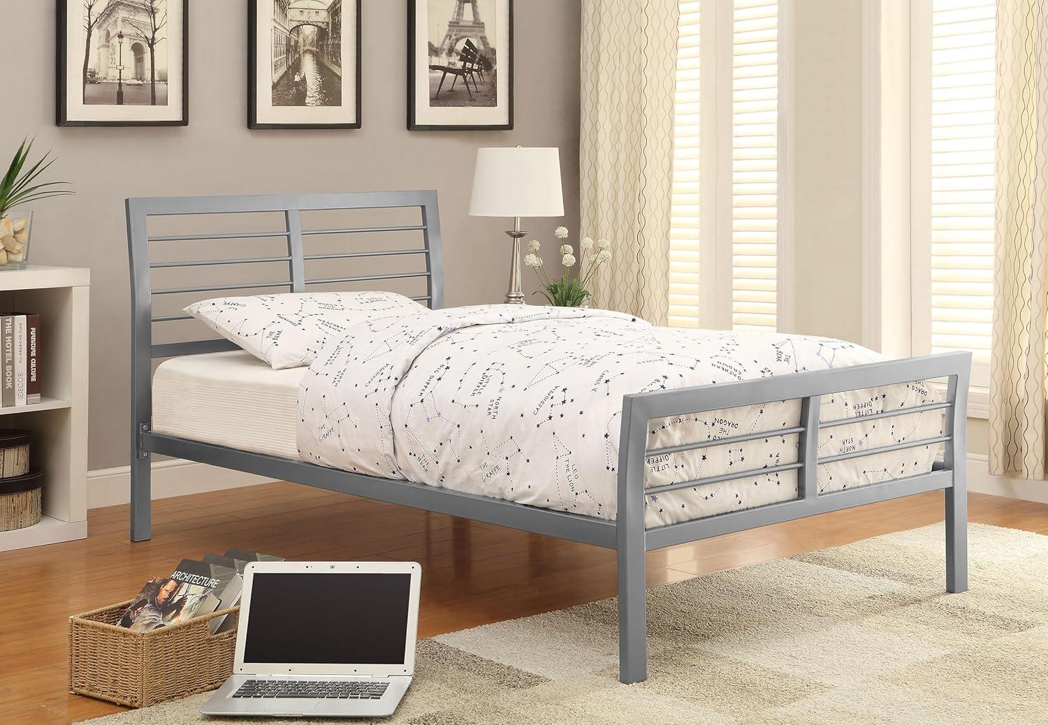 Silver Twin Metal Bed with Headboard and Slats