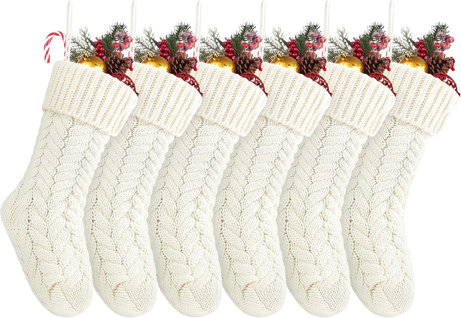 Pack 6, 18" Ivory Cable Knitted Christmas Stockings for Family Holiday Xmas Party Decor