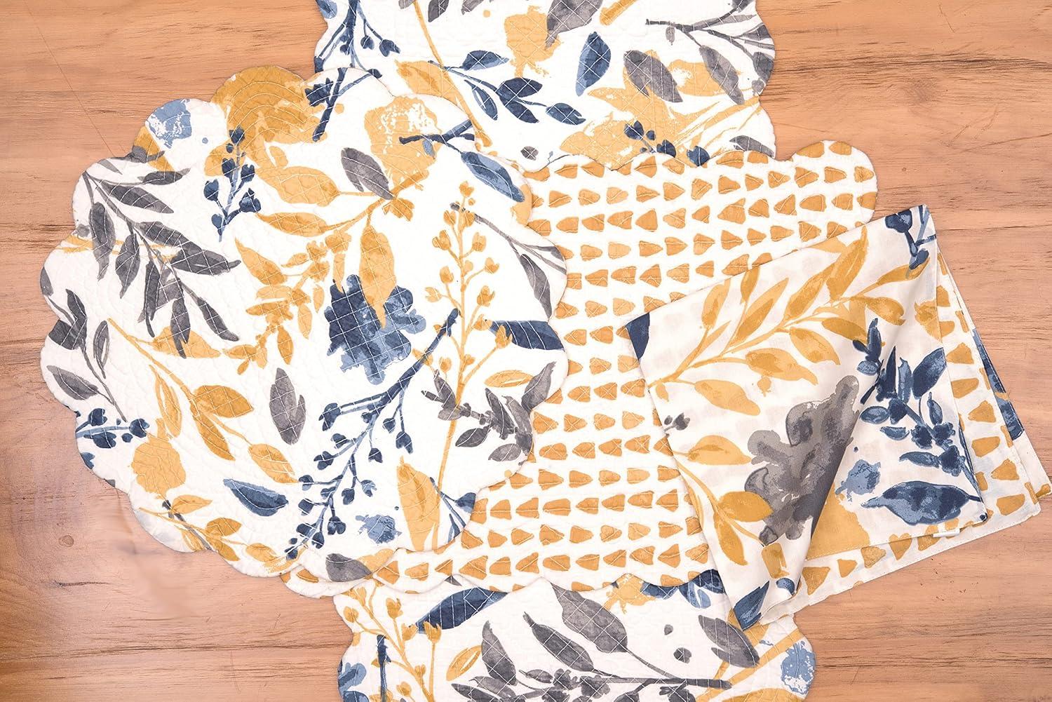 Natural Cotton Quilted Floral Rectangular Placemats in Yellow and Blue
