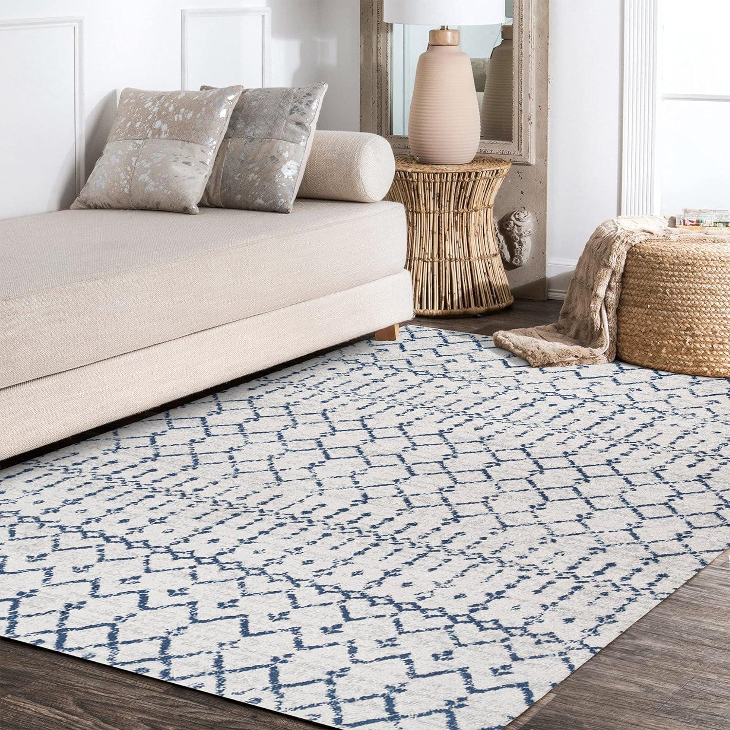 Ivory Navy Moroccan Trellis 5' x 8' Washable Synthetic Rug