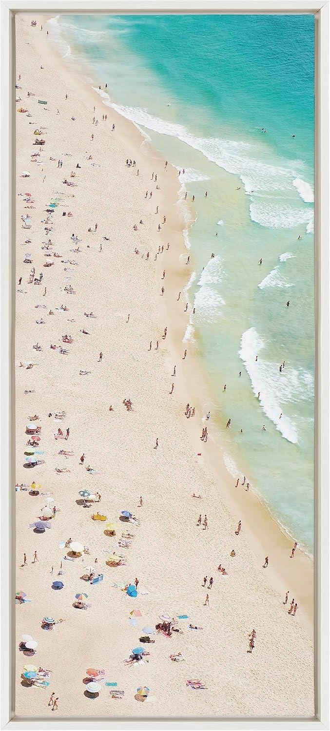 Kate and Laurel Sylvie Crowded Beach from Above Framed Canvas Wall Art by Amy Peterson Art Studio, 18x40 White, Coastal Beach Landscape Art for Wall