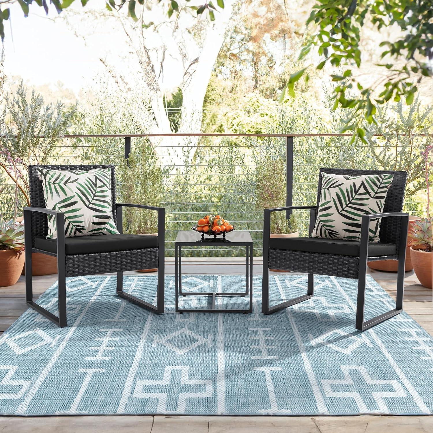 Black Steel and Wicker 3-Piece Patio Bistro Set with Beige Cushions