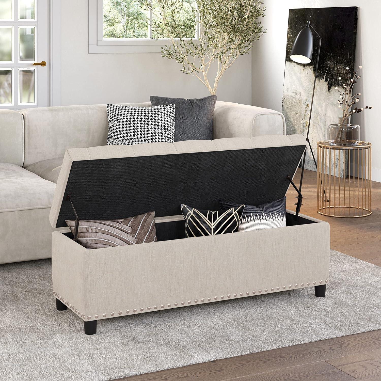 BELLEZE Button-Tufted Linen Storage Ottoman Bench - Brentwood (Dark Gray)