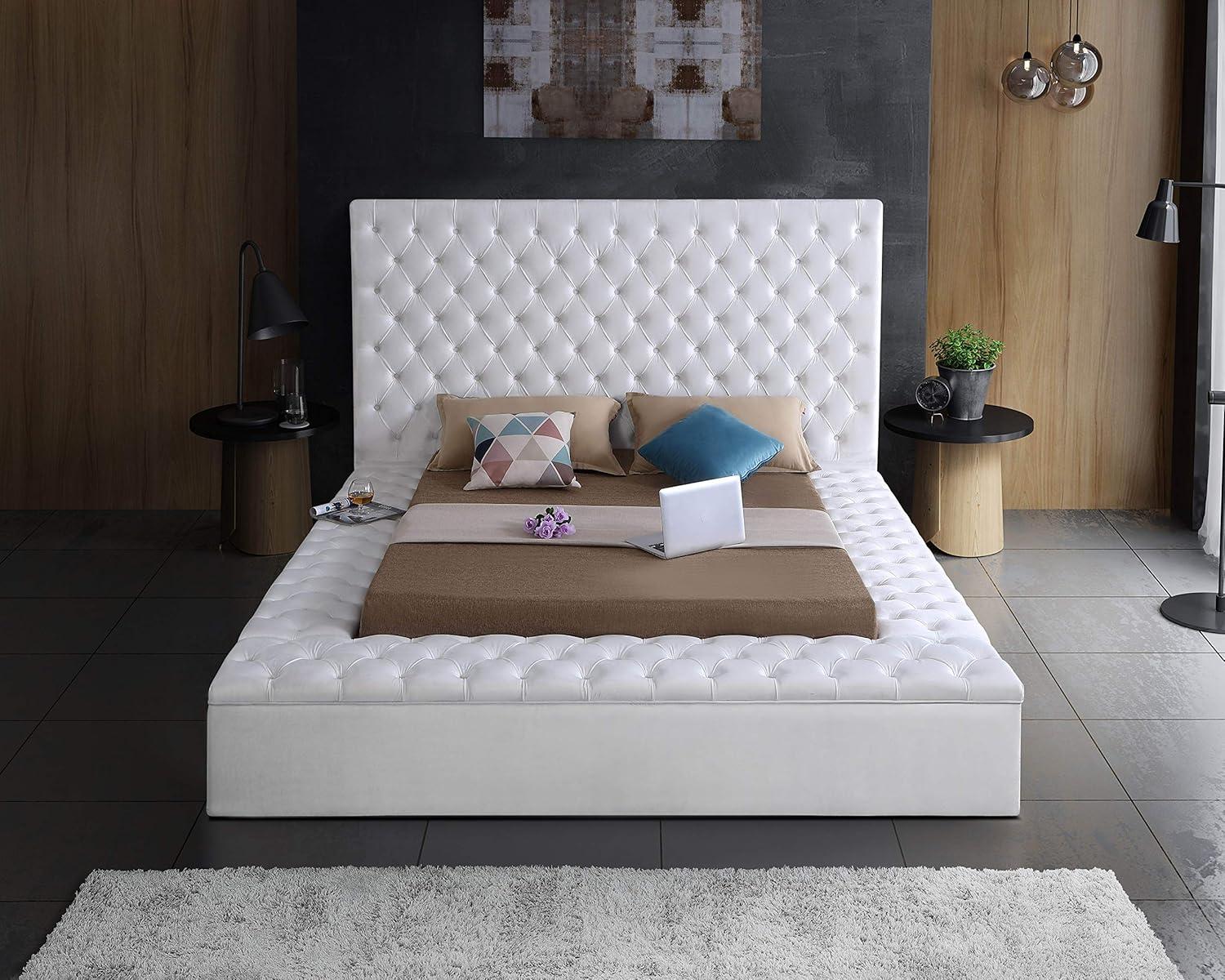 Bliss White Velvet Queen Upholstered Storage Bed with Tufted Headboard