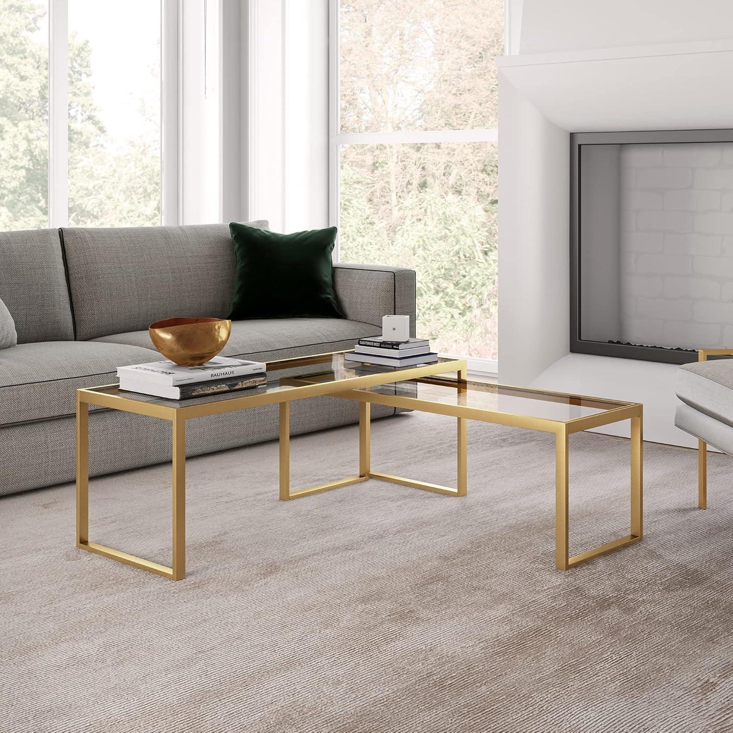 Rectangular Brass and Glass Nesting Coffee Table Set