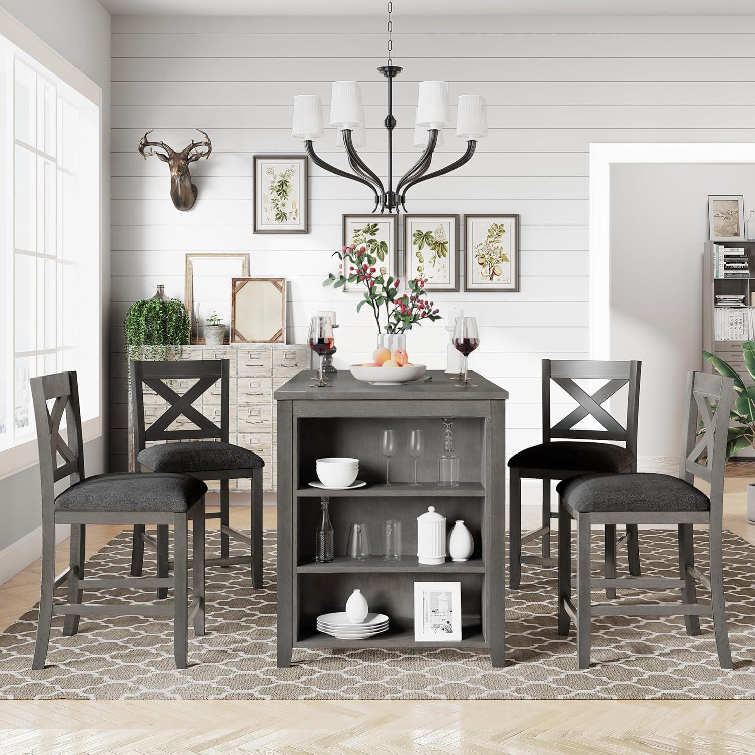 Charming Gray 5-Piece Counter Height Dining Set by TOPMAX: Rustic Farmhouse Wooden Bar Table & 4 Chairs