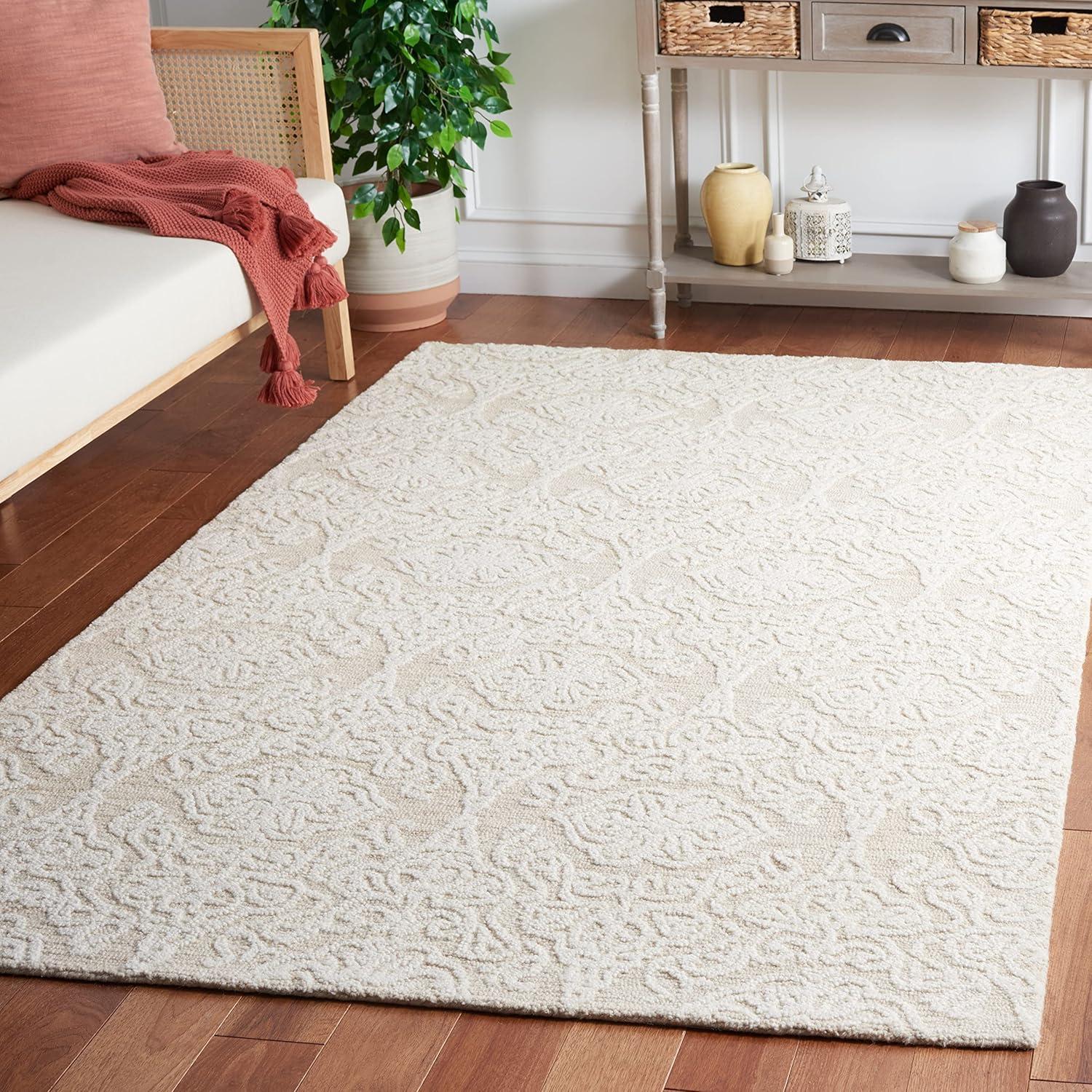 Beige and Ivory Floral Tufted Wool 6' x 9' Area Rug