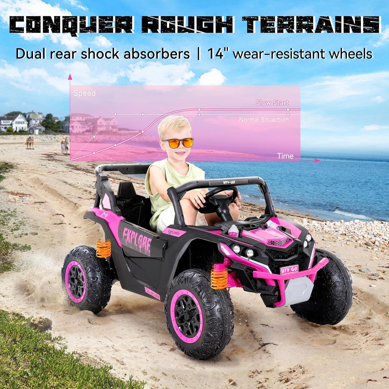Yisufo 24V Kids Ride on Toys UTV with Remote Control,4WD 2 Seater Ride on Truck Car,7Ah Large Battery Electric Car with 3 Speed, LED Lights, Music for 3-8 Years Kids Pink