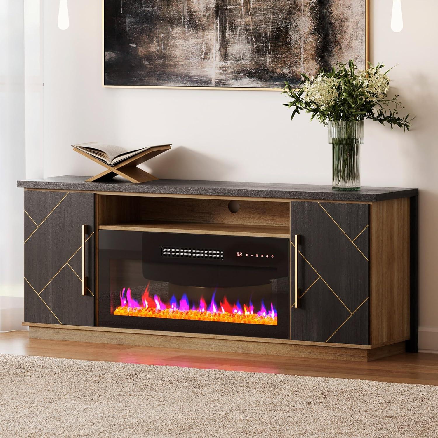 BELLEZE 68 Inch Electric Fireplace TV Stand With Gold Grim, Elegant Entertainment Center With Storage, Media Console With Drawers & Open Shelves for Living Room, Bedroom Home Theater (Espresso Black)