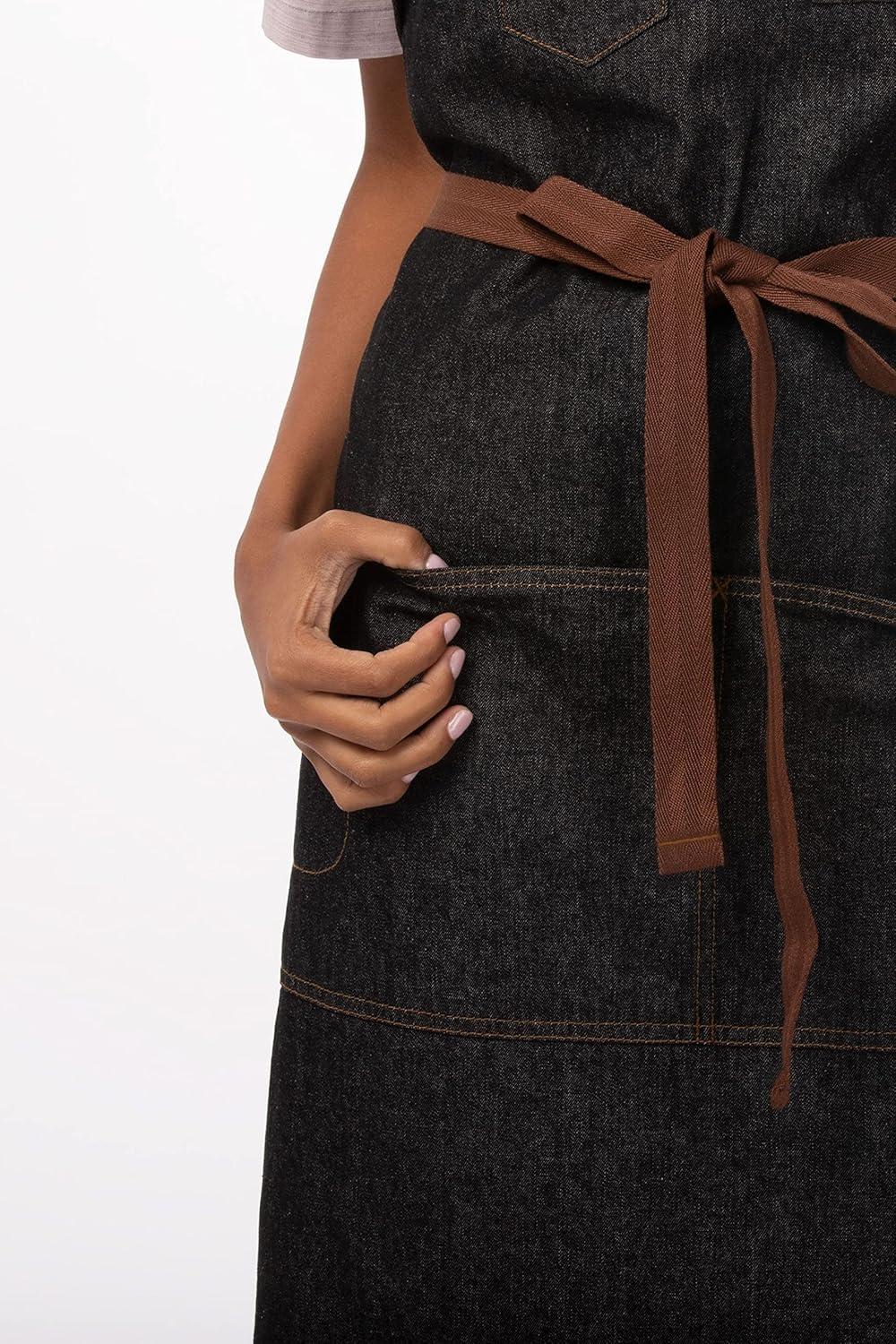 Black Denim Bib Apron with Brown Ties and Pockets