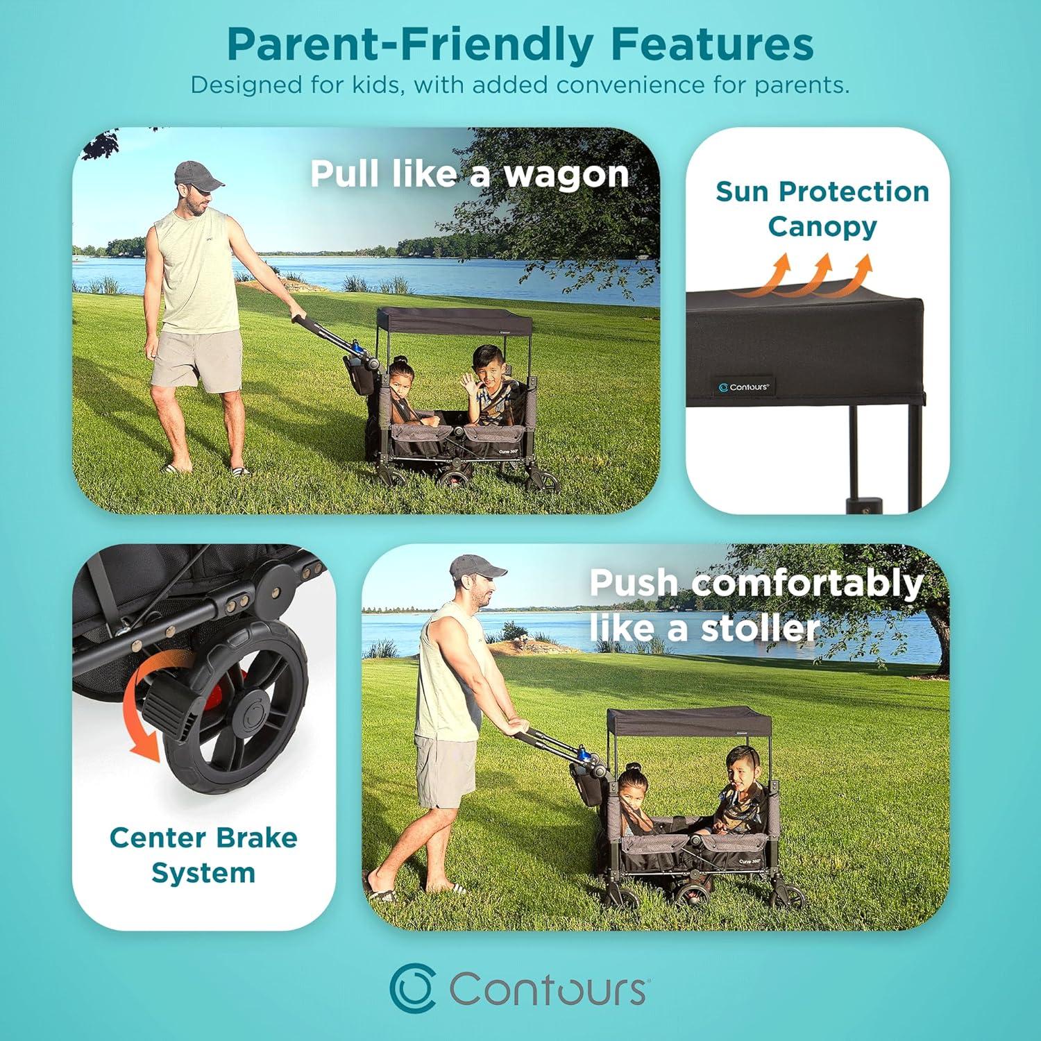 Contours Contours Curve 360 Stroller Wagon for 2 Kids, Infant Car Seat Compatibility, Zero Turn Radius, Lightweight Foldable Push-pull Collapsible Wagon Cart for Garden, Stroller, Camping, Grocery Cart