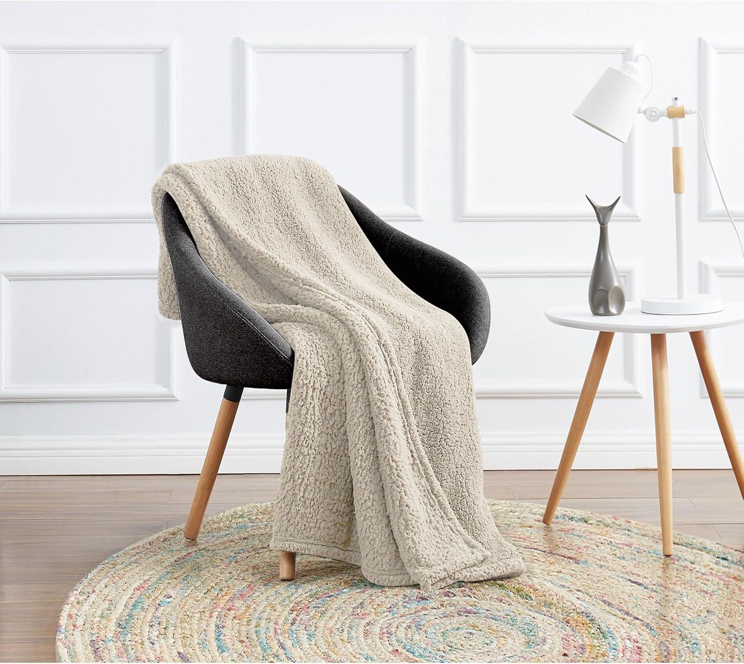 My World Full/Queen Cloud Faux Shearling Blanket Ivory: Cozy Polyester, Machine Washable, All Ages