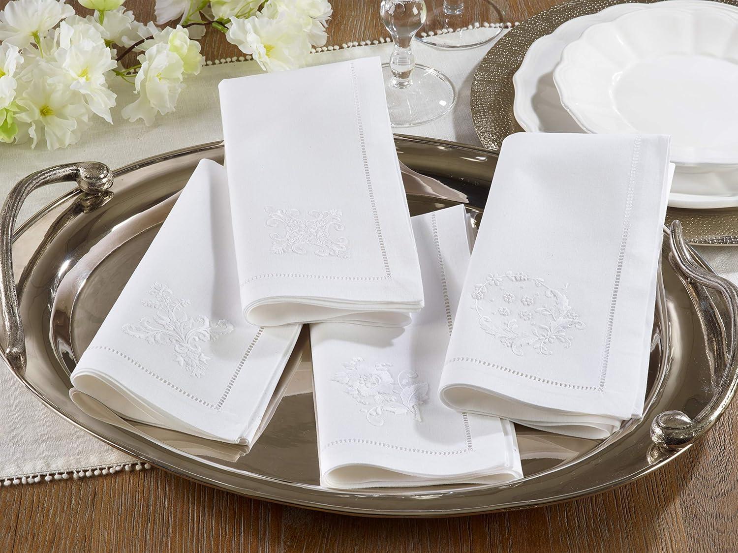 Saro Lifestyle Embr'd Flower Hemstitch Napkin, 20" Square, White (Set of 6)