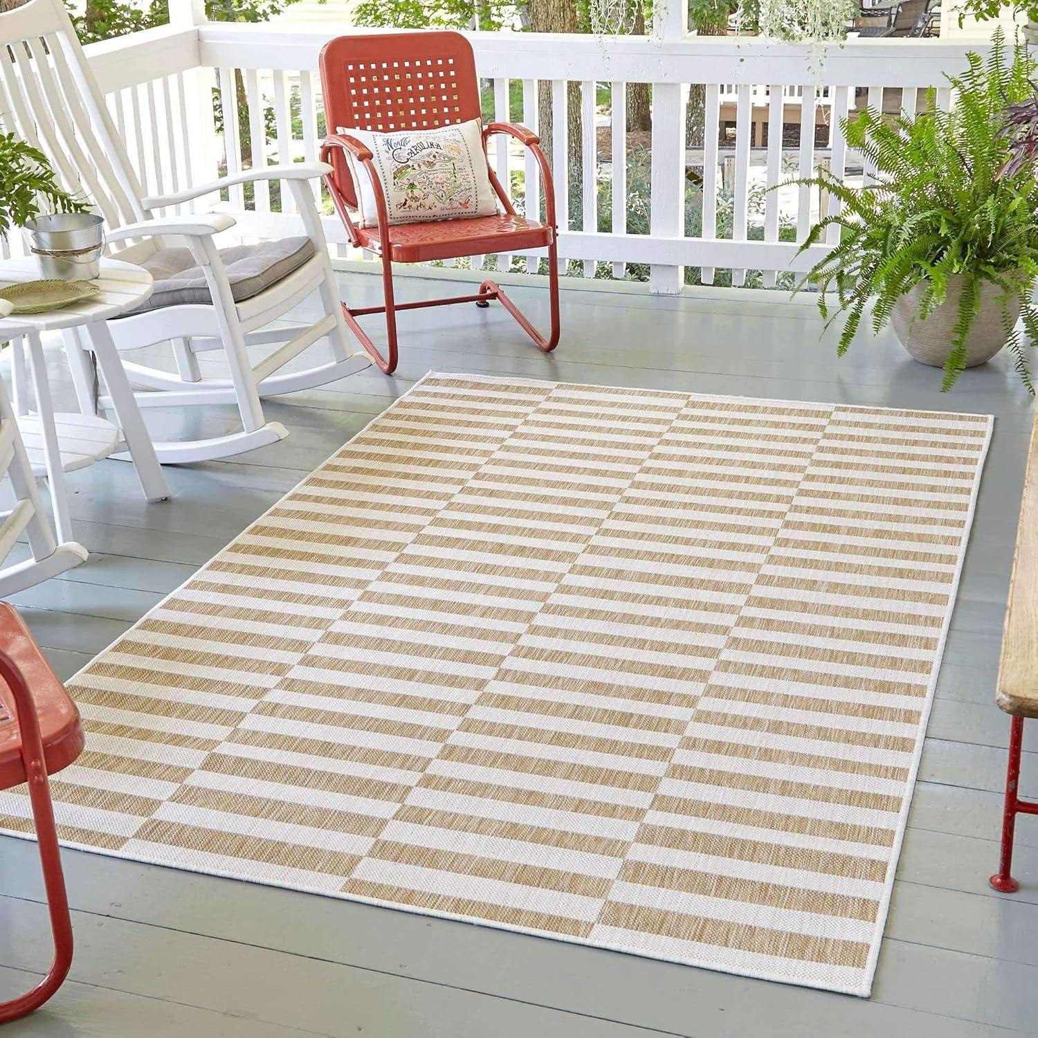 Unique Loom 5' 1 x 8' 0 Rectangle Indoor/Outdoor Striped Taupe Area Rug