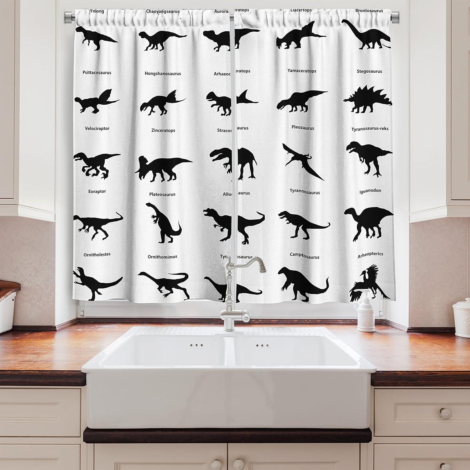 Ambesonne Dinosaur Kitchen Curtains, Evolution of Wildlife, 55"x39", Black White