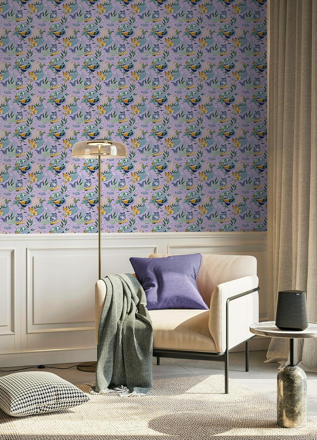 PrintFresh Meowing Mermaids Lavender Peel and Stick Wallpaper