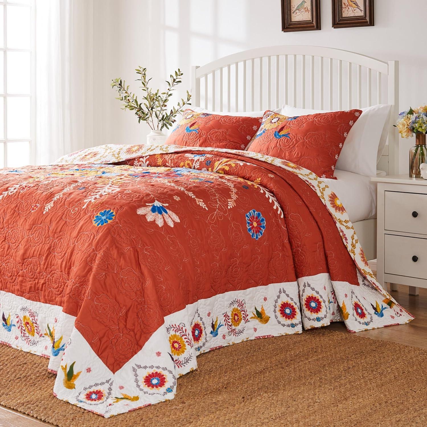 Barefoot Bungalow Topanga Boho Folk Art Quilted Bedspread Set, Reversible, 3-Piece Jumbo King