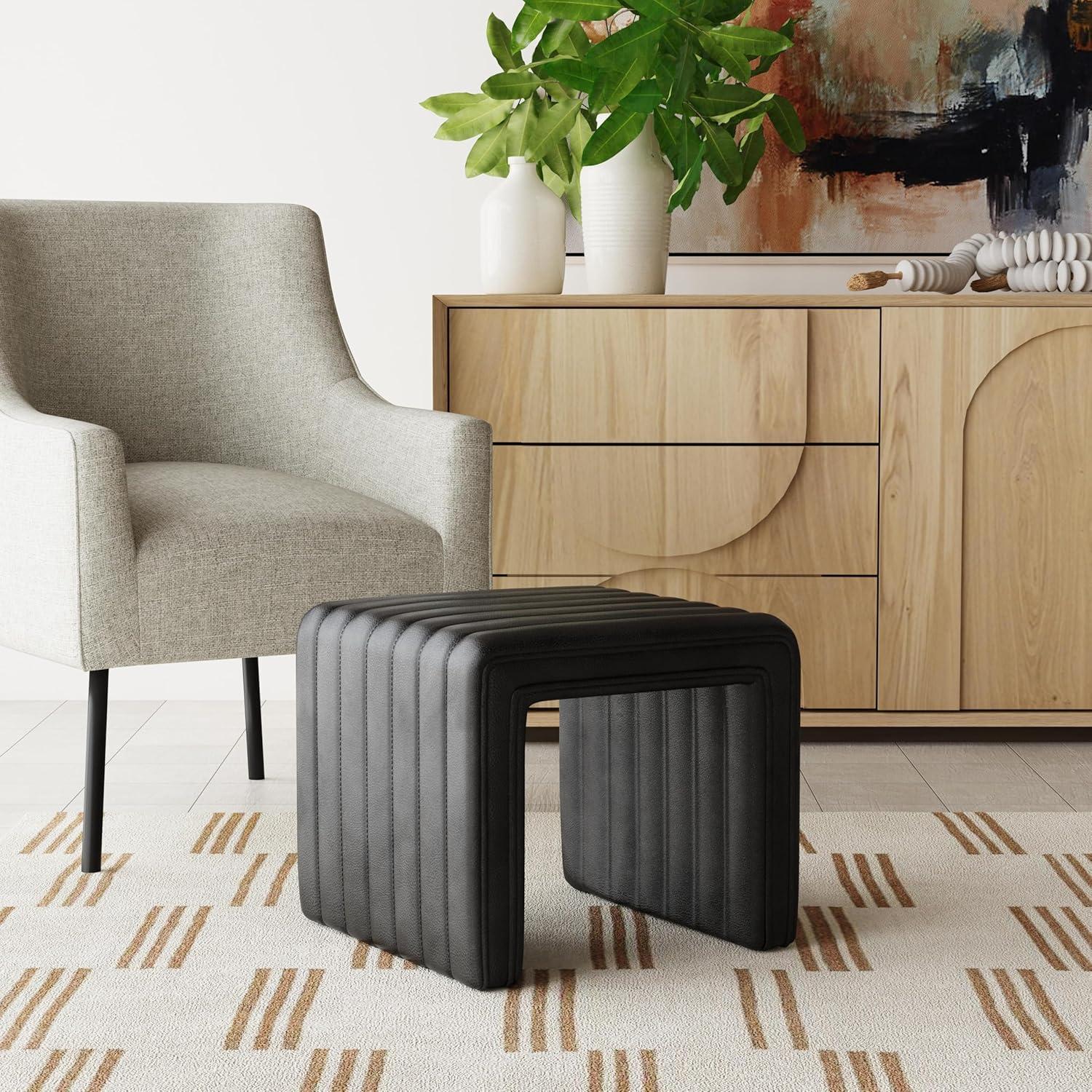 HomePop Modern Channel Faux Leather Ottoman Black: Upholstered Square Bench, No Assembly Required